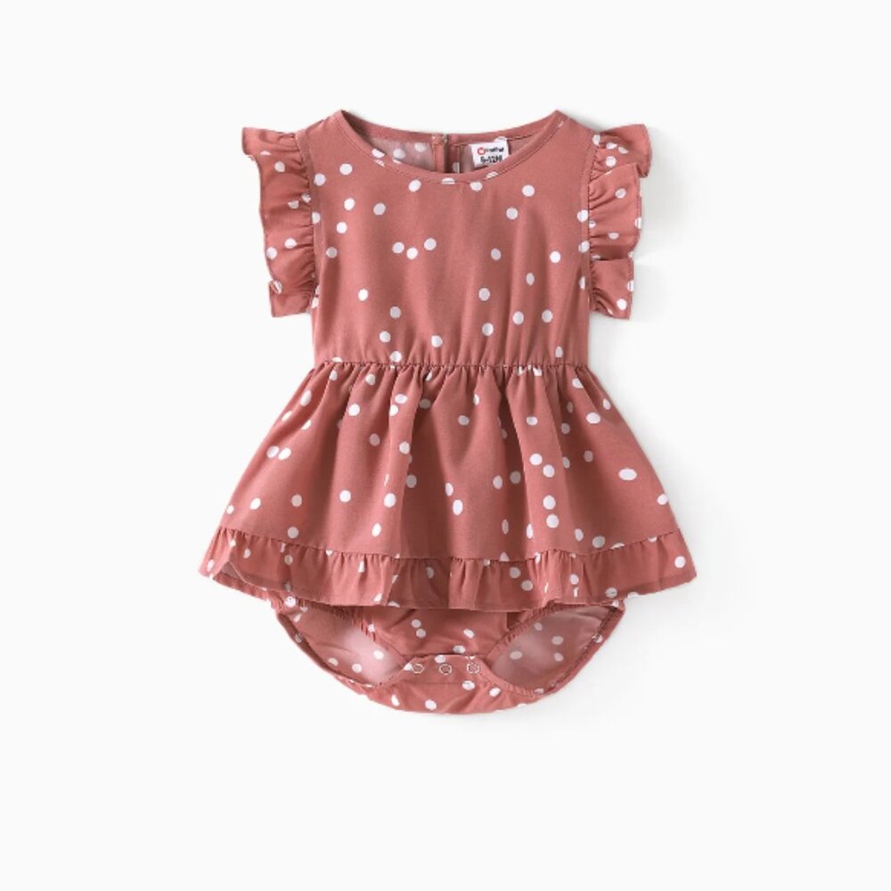 All Over Dots Pink Crew Neck Ruffle Flutter-sleeve Romper for Mom and Me